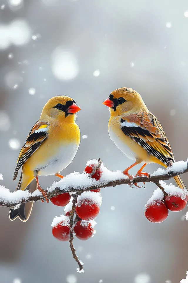 Two yellow winter birds with black-and-white wings perch on a snow-covered branch beside red berries.
