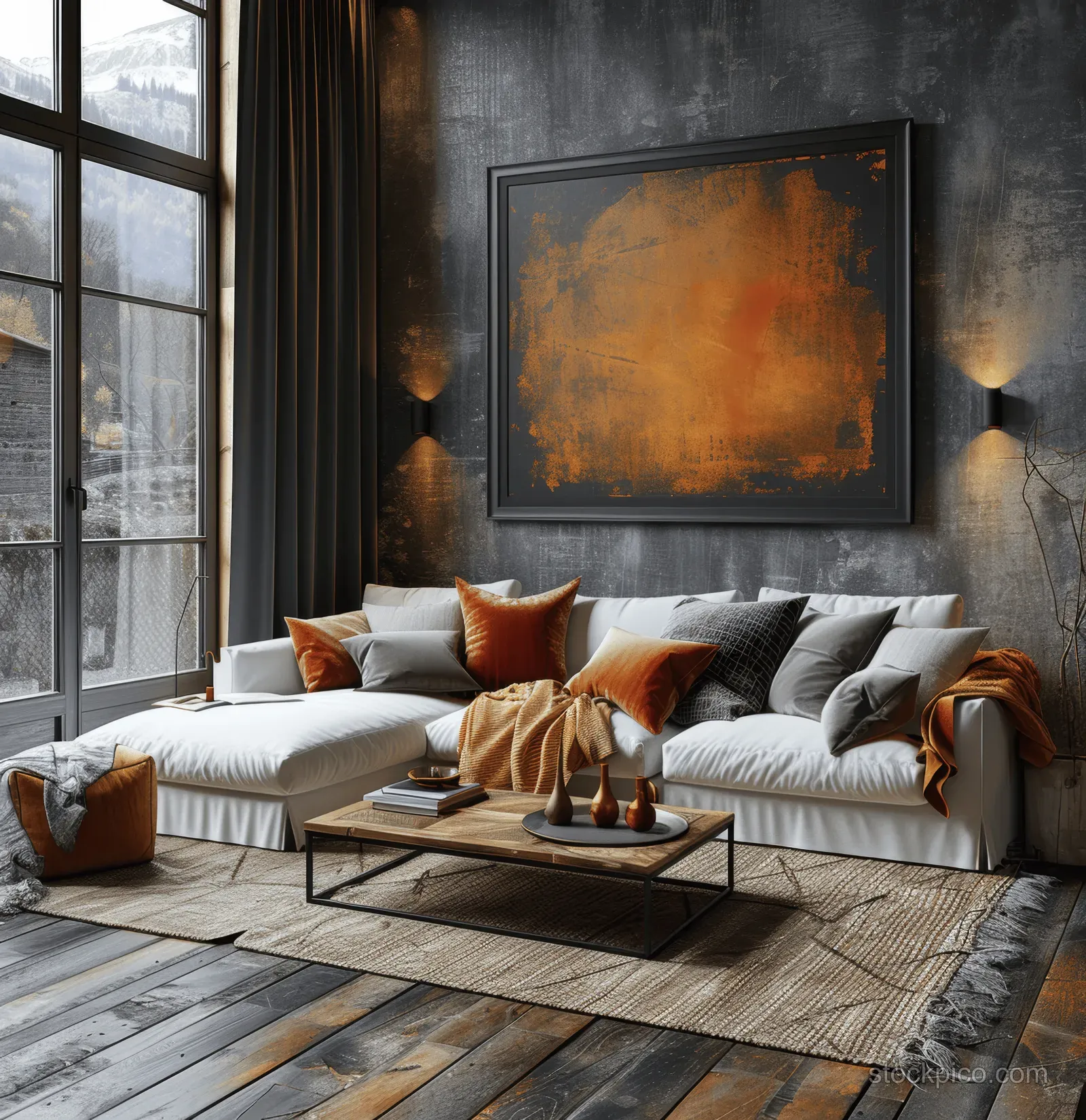 Gray sofa and black coffee table in a warm living room with dark gray walls, framed wall art, and large windows.