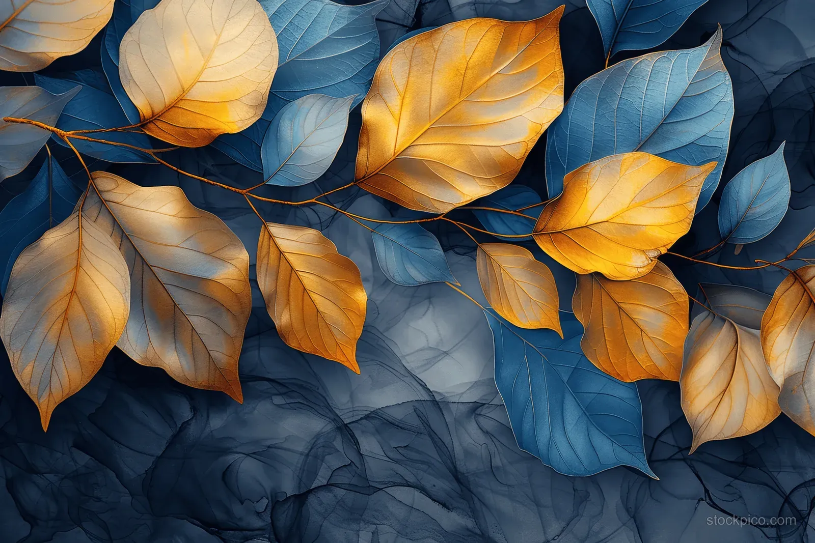 Golden and blue leaves scattered on a dark grey watercolor background with soft textured brush strokes.