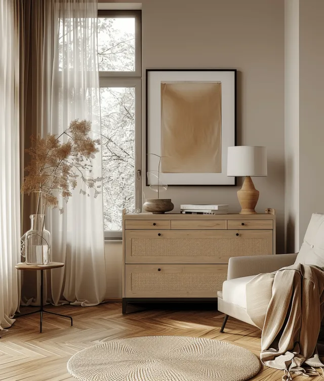 A neutral living room shows a rattan-drawer chest, armchair, warm lamp, and sheer curtains by large windows.