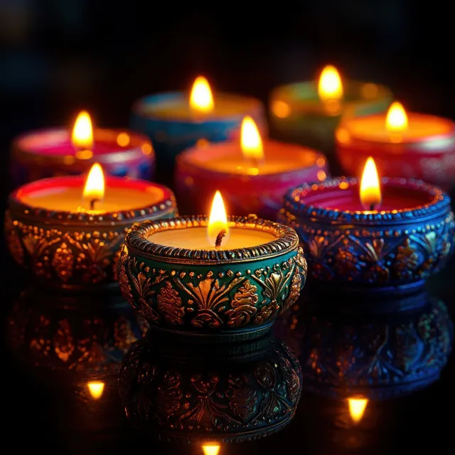 Diwali oil lamps glowing on reflective table with intricate patterns in dark background