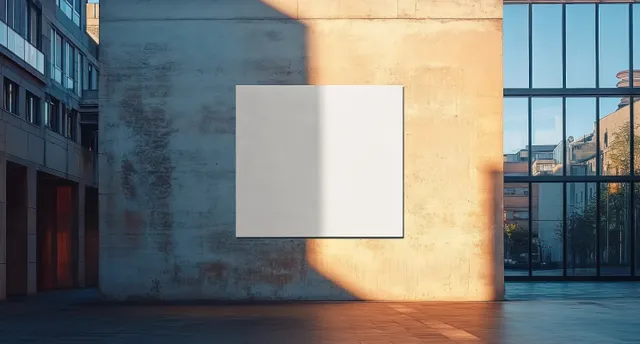 Blank square poster frame hangs on a brick wall with warm morning sunlight and long shadows.