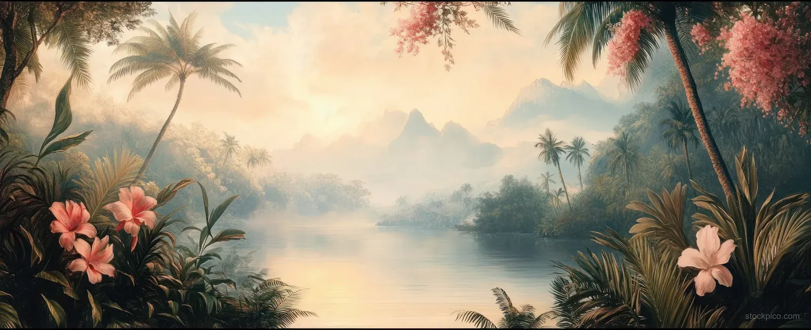 Watercolor tropical river landscape with palm silhouettes, pink blossoms, and misty jungle layers in soft light.