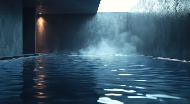Shallow pool mirrors soft blue light inside a dark concrete corridor with misty air