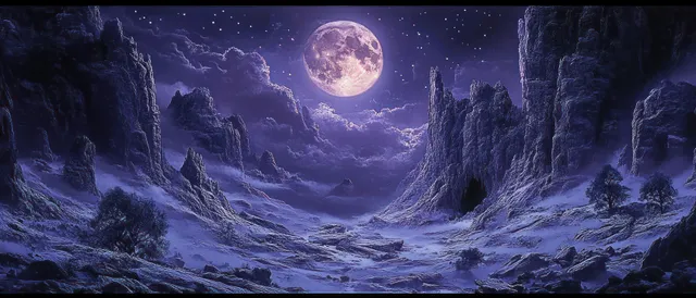Moonlit cliffs and an ancient cave mouth glow beneath a large purple full moon and drifting night mist.