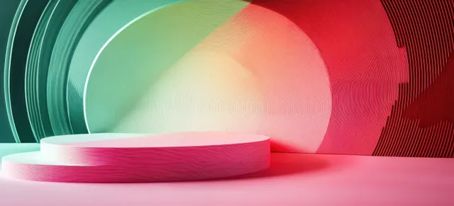 Pastel podium shapes with curved translucent spheres and soft lighting in a clean geometric set.