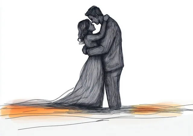 A pencil sketch depicts a couple embracing closely, with warm orange paint strokes under their silhouettes.