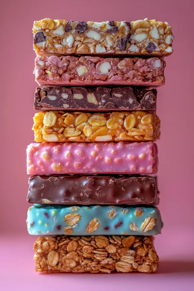 Stacked granola and chocolate snack bars in assorted colors on a pastel background.