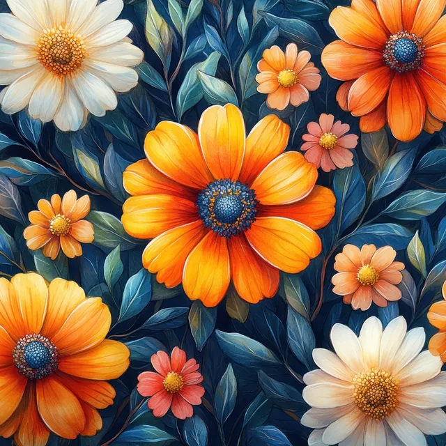 Seamless watercolor floral pattern with bright orange and blue daisies over layered botanical leaves