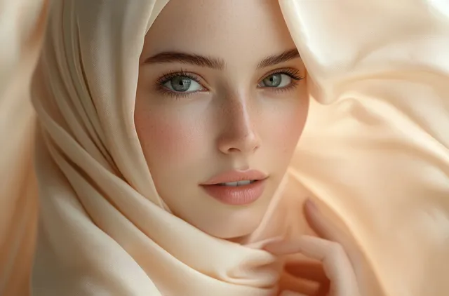 Middle Eastern woman in a pastel hijab rests her hand near her chin in soft natural light.