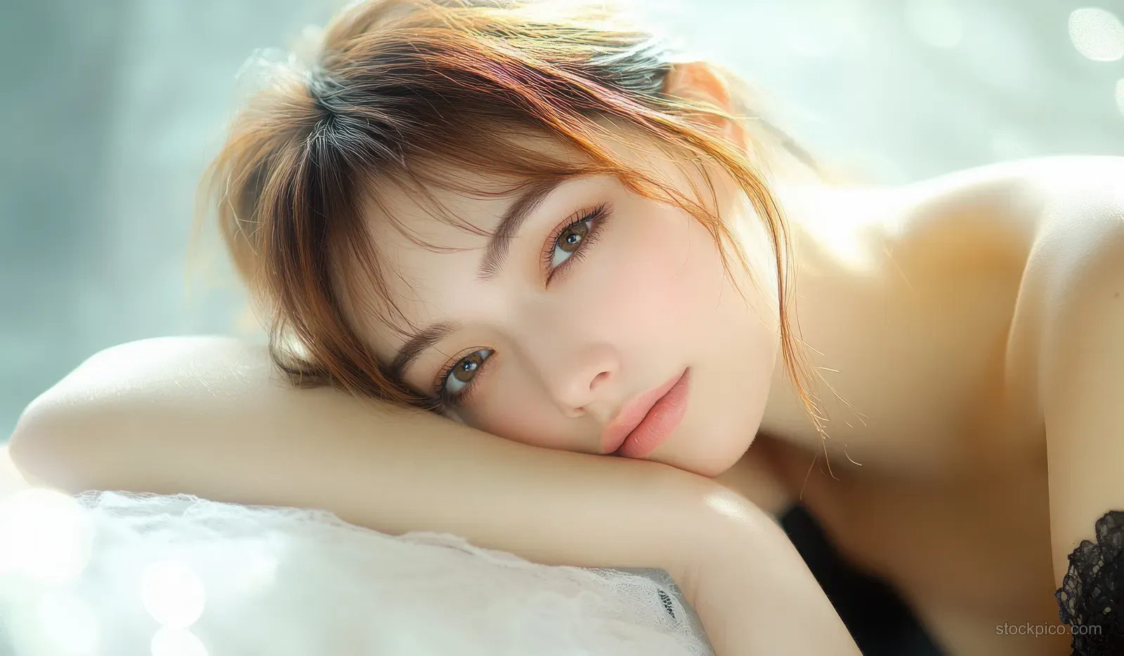 Serene woman resting indoors with soft natural light and dreamy bokeh behind her.