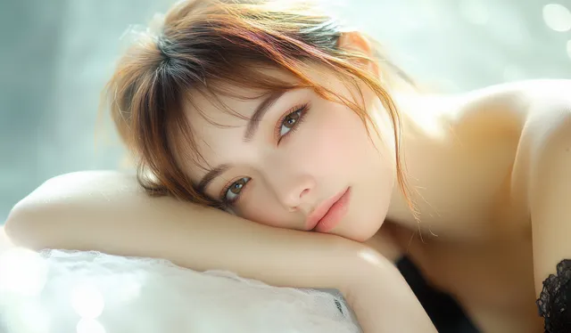 Serene woman resting with soft natural window light, dreamy bokeh background