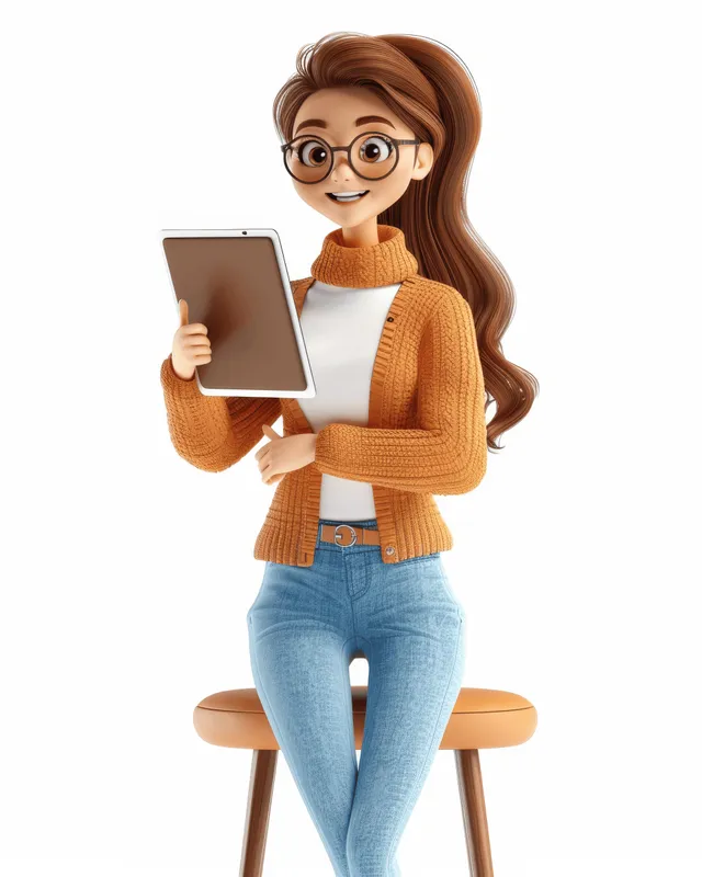 3D cartoon woman sitting on bar stool holding tablet and giving thumbs up
