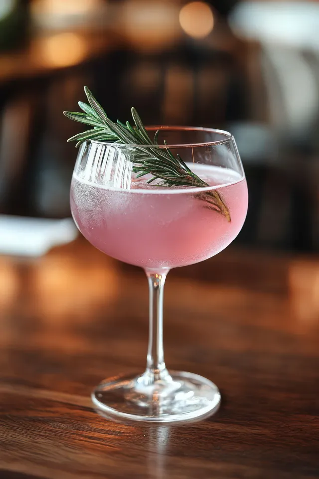 Pink cocktail in stem glass with rosemary sprig on wooden table, warm blurred bar background