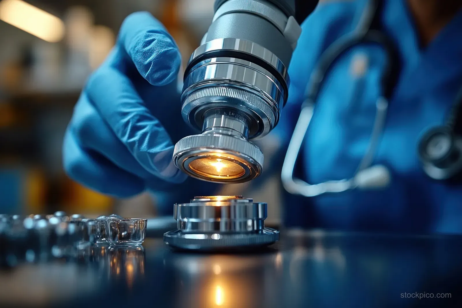 A dermatologist uses a dermatoscope to examine a patient’s hand skin under focused light in a clinic.