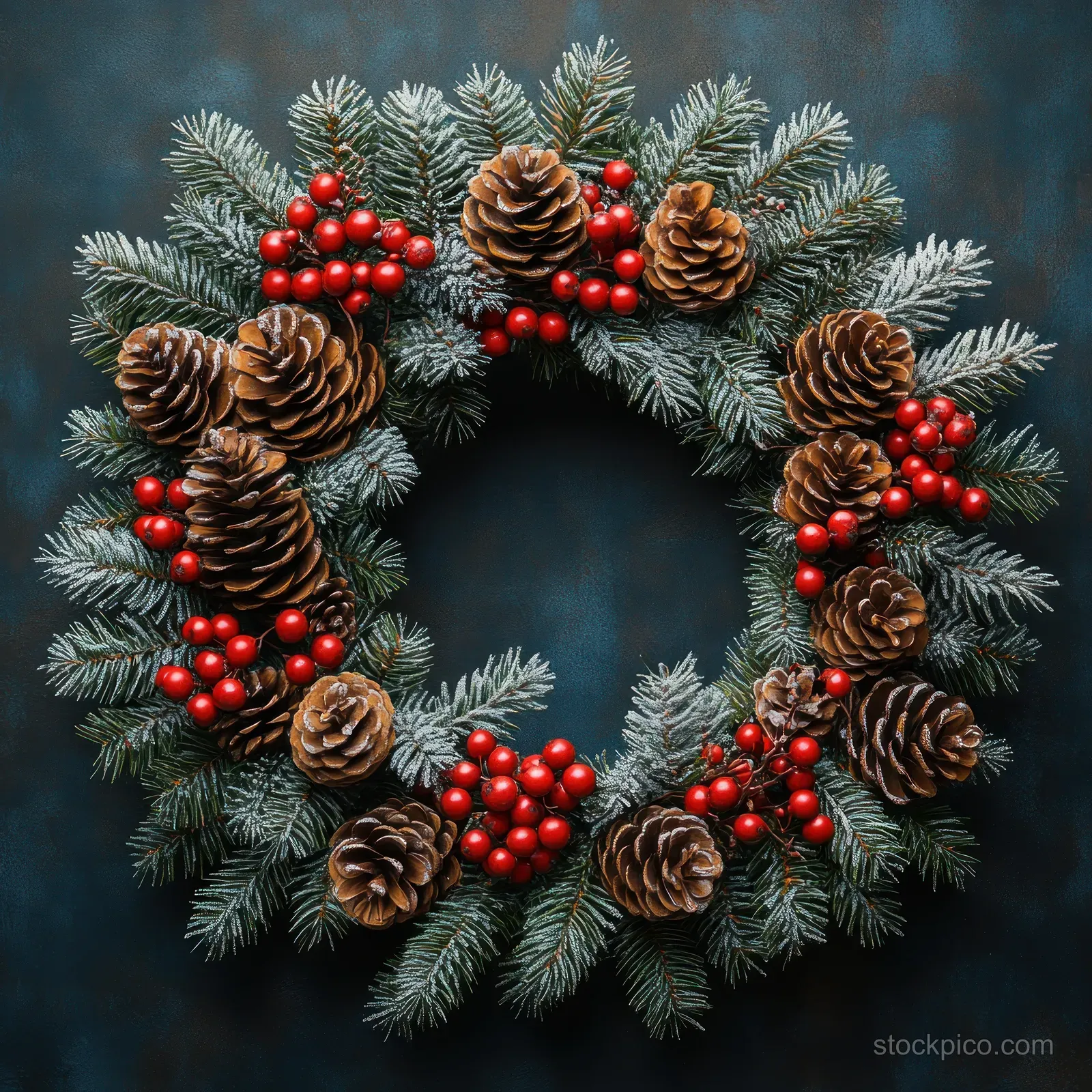 A symmetrical Christmas wreath with pine cones and red berries on a dark chalkboard background.