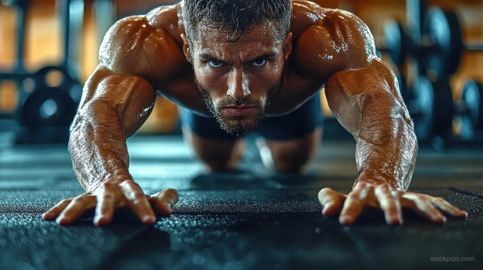 Muscular man doing push-ups on a gym floor with sweat and focused determination.