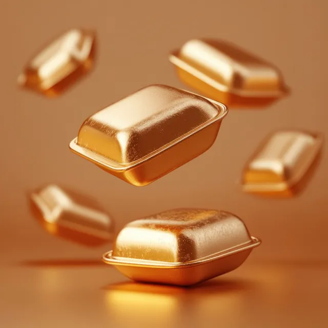 Golden ingots and small coins float above a warm Lunar New Year money-themed background.