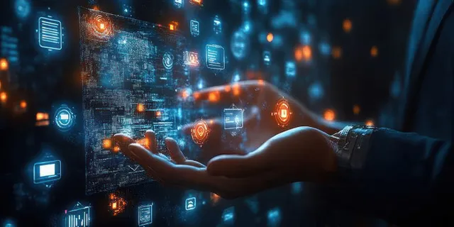 Hands interacting with blue holographic business data screens in a dark cyber workspace