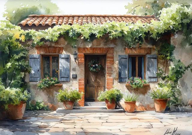 Rustic brick cafe entrance with potted plants, leafy vines, and stone steps in warm light.