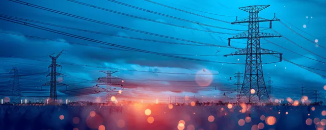High-voltage transmission towers and power lines glow across a blue night skyline with city lights.