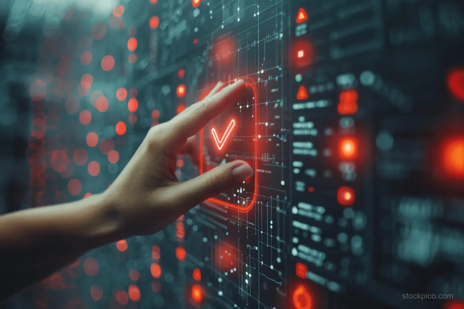 A businesswoman’s hand taps a glowing document icon on a futuristic digital dashboard with security alerts.