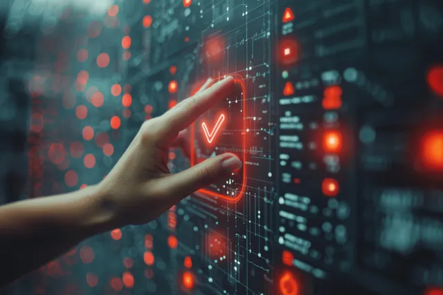 A businesswoman’s hand taps a glowing document icon on a futuristic digital dashboard with security alerts.