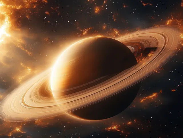 Glowing ringed planet orbiting a bright star amid fiery nebula light rays