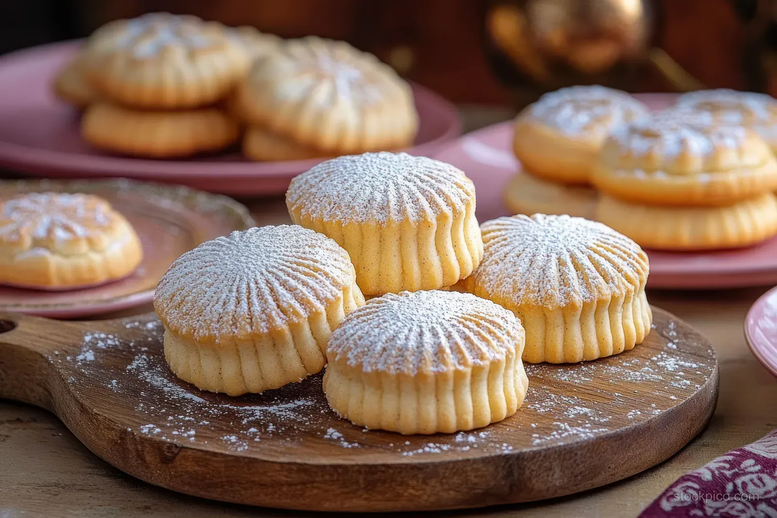 Powdered sugar dusted molded cookies sit on a round wooden board with pink plates of more cookies behind.