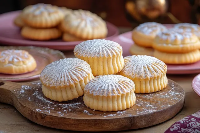 Powdered sugar dusted molded cookies sit on a round wooden board with pink plates of more cookies behind.
