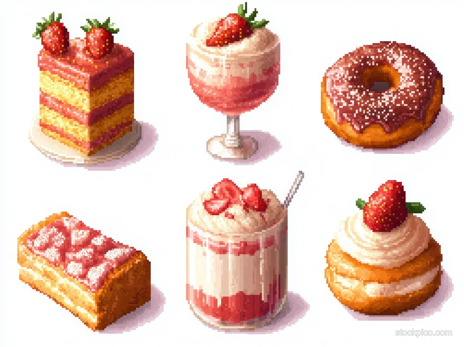 Pixel art shows six strawberry-themed desserts, including layered cake, parfait, donut, pastry roll, cream cup, and small cream puffs.