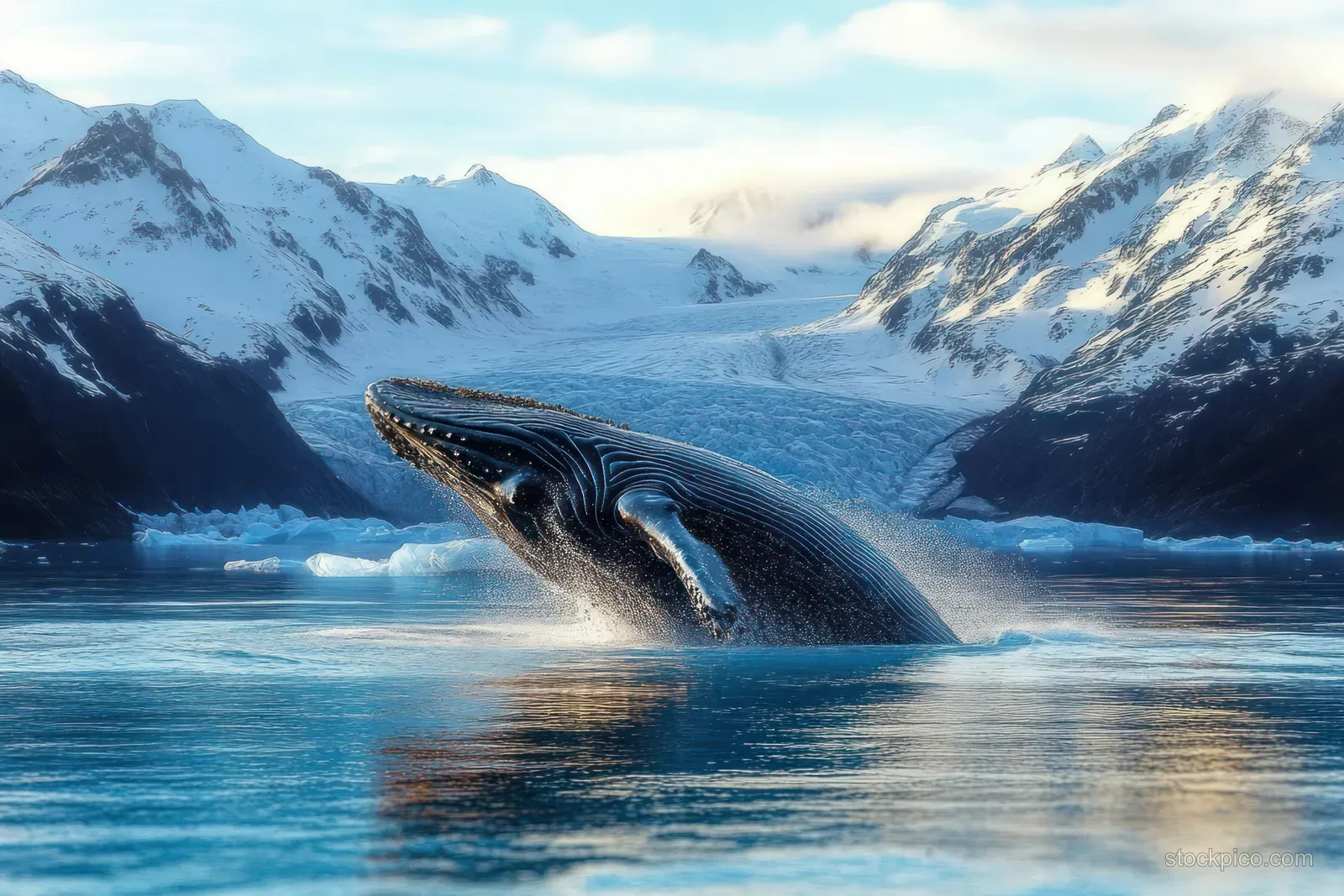 A humpback whale breaches the ocean near glacier ice with snowcapped mountains behind it.