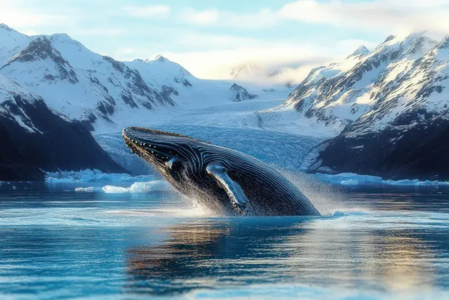 A humpback whale breaches the ocean near glacier ice with snowcapped mountains behind it.