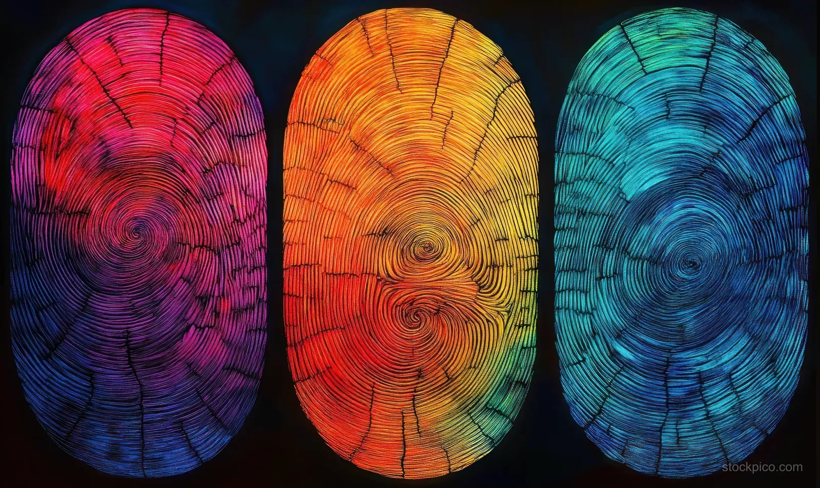 Three glowing oval wood-grain textures with rainbow color gradients and concentric ring patterns on a dark background.