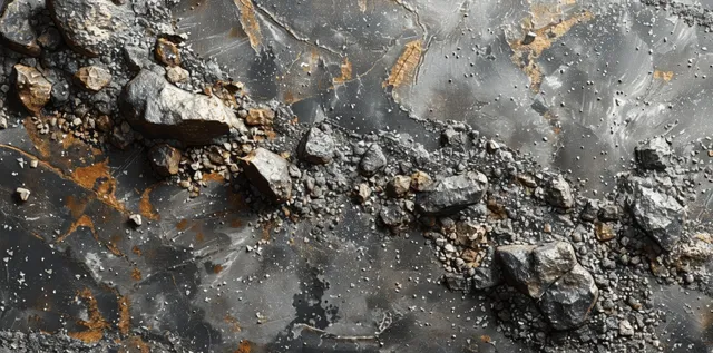 Weathered grey steel plate texture with pitted corrosion, specks, and jagged concrete flecks