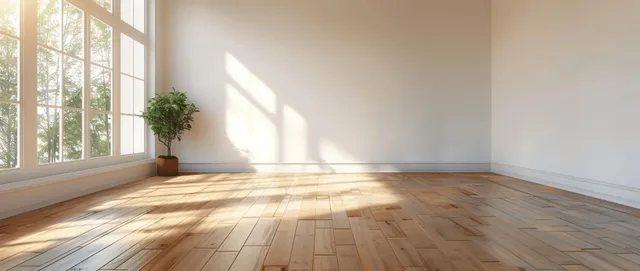 Empty modern room with light wooden floor, white walls, large window sunlight