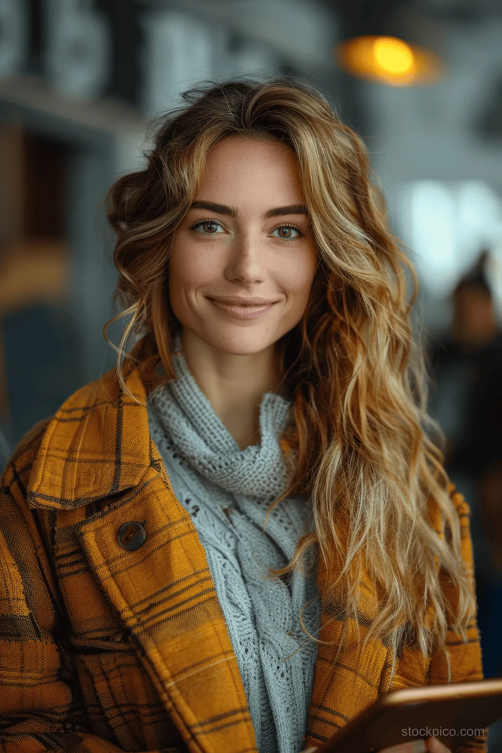Smiling woman with wavy hair wearing an orange plaid jacket and gray scarf in a softly lit café.