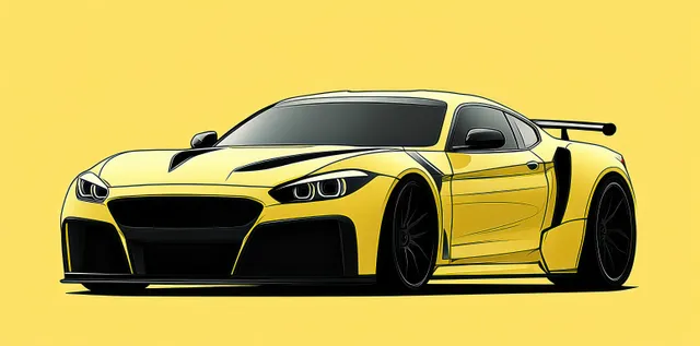 Neon yellow sports car silhouette vector with dramatic side light and detailed wheel outlines on a flat background.