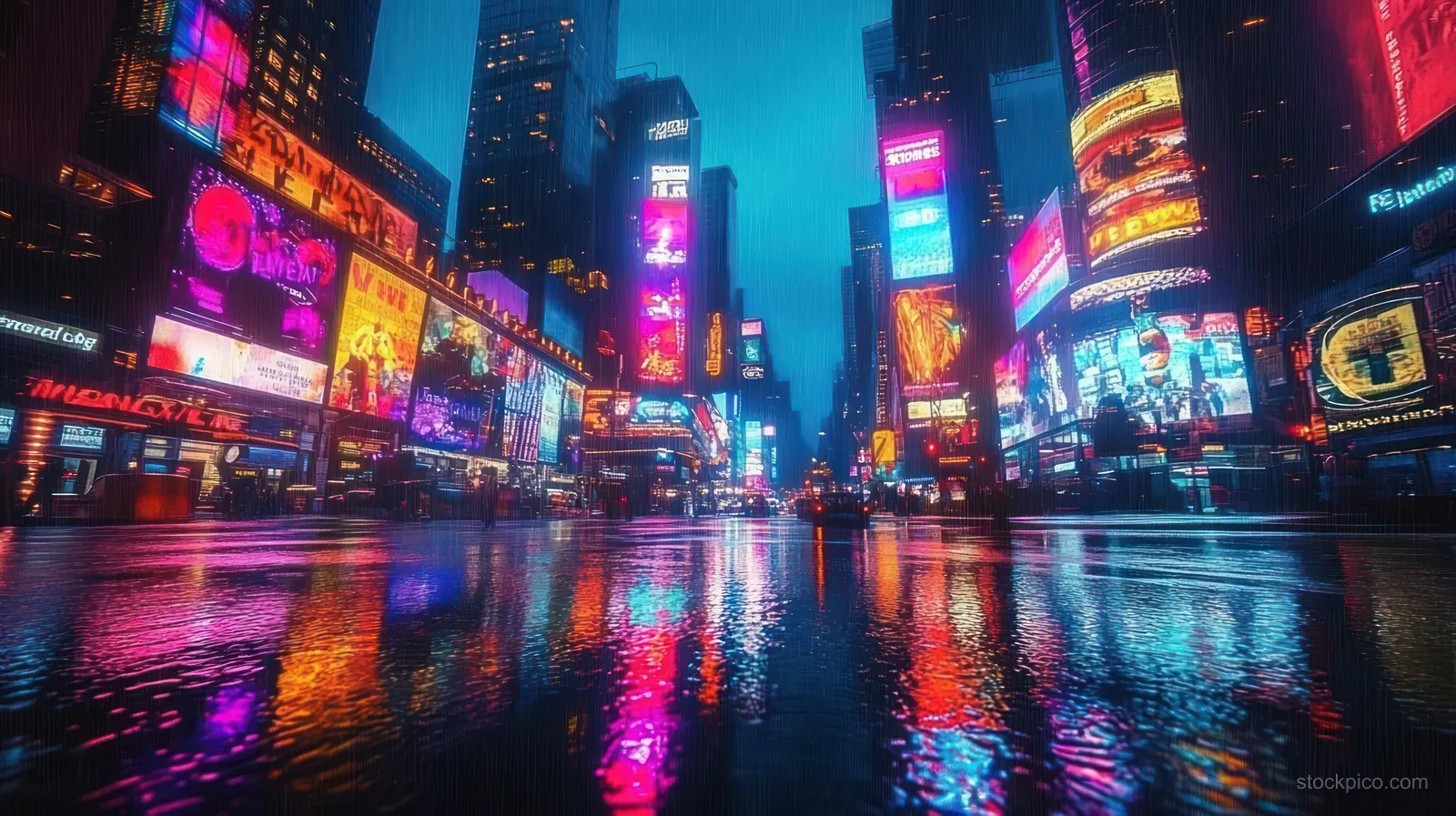 Rainy neon Times Square skyline with colorful billboards glowing above wet, reflective street pavement.