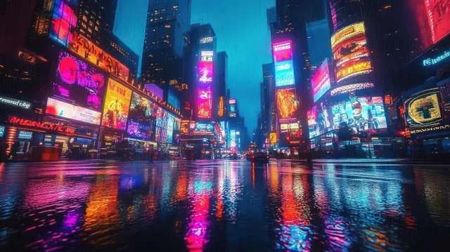 Rainy neon Times Square skyline with colorful billboards glowing above wet, reflective street pavement.