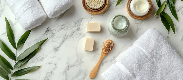 Top-down scene of folded white towels, soap bars, cream jars, a wooden brush, and green leaves on a marble surface.
