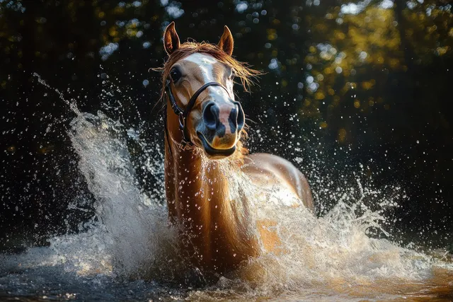 A brown horse splashes water with droplets flying around its joyful face outdoors.