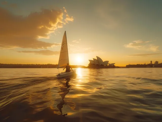 Woman sailing a Laser Radial at Sydney Opera House sunset, golden reflections on water