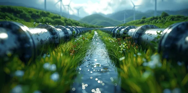 Hydrogen pipeline with valves and meters in a grassy field, with wind turbines and mountains in the background.
