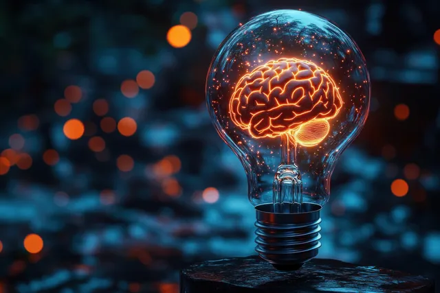 A glowing orange brain inside a clear light bulb sits on a textured surface with dark blue bokeh lights.
