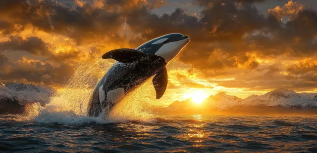 An orca whale leaps from ocean waves with sea spray glowing under a dramatic sunset and cloudy sky.