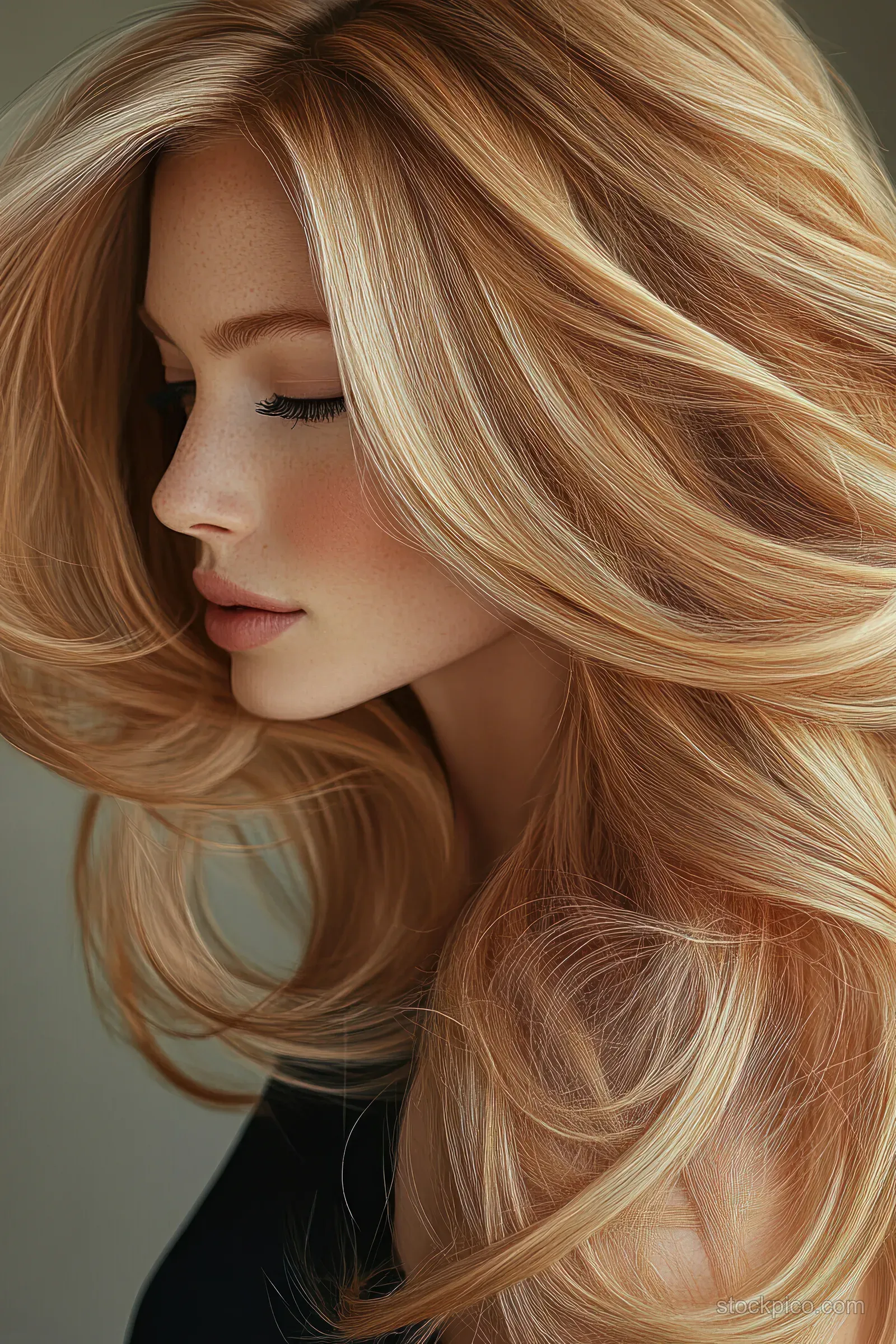 A serene young woman seen in side profile with long flowing blonde hair and soft natural makeup.