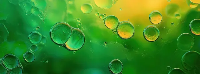 Transparent green and yellow bubbles float on a liquid surface with light reflections against a blurred background.