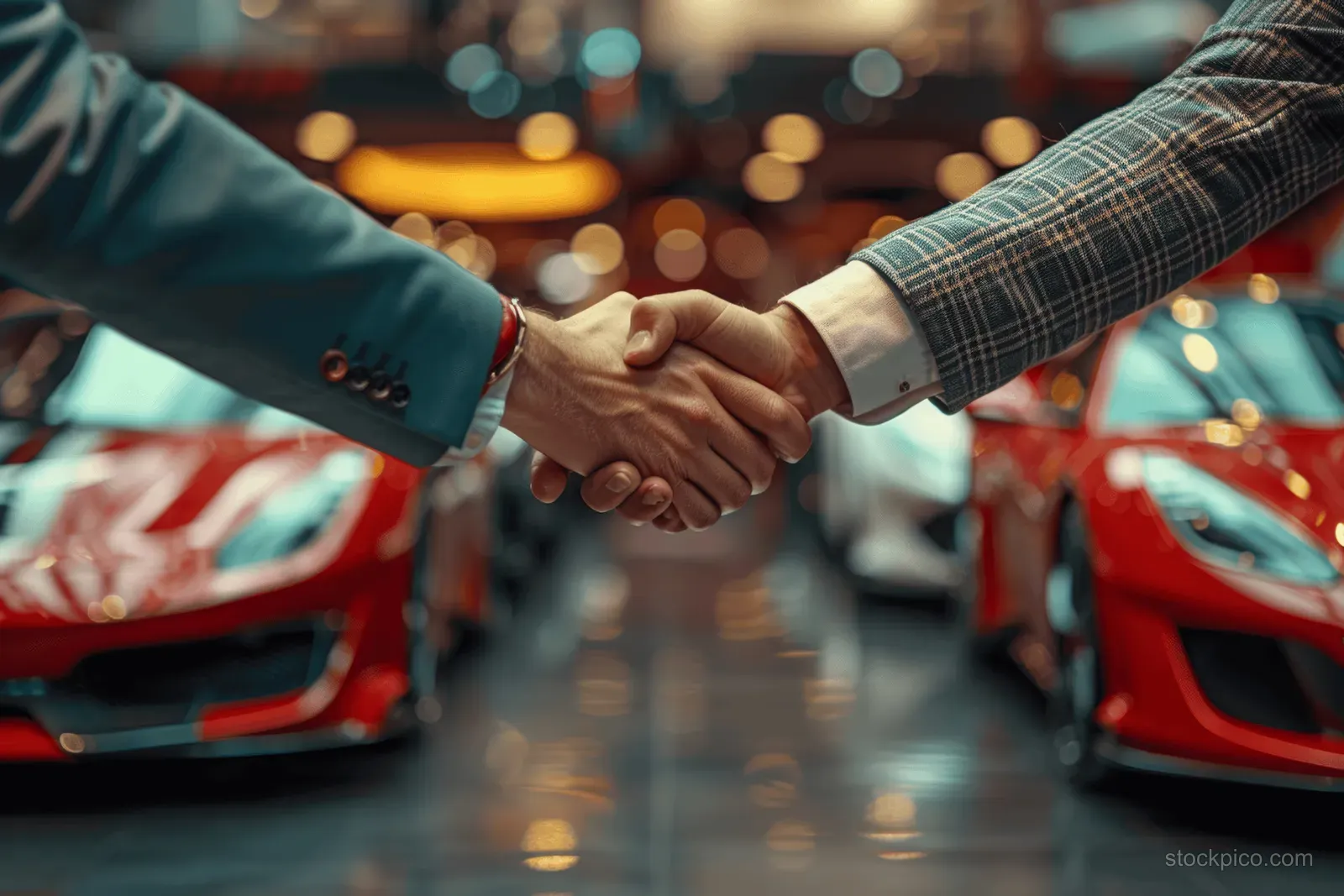 A salesman and customer shake hands in a car dealership showroom aisle between parked cars.