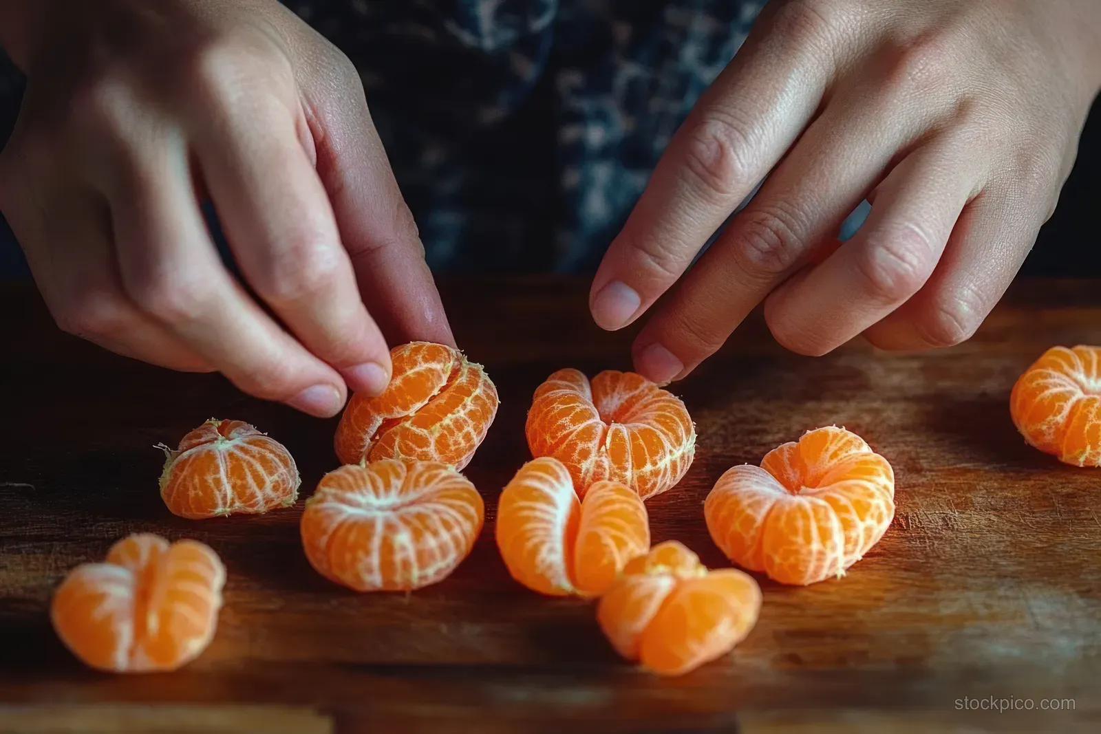 Hands peel an orange above a wooden table scattered with small orange segments and peel pieces.